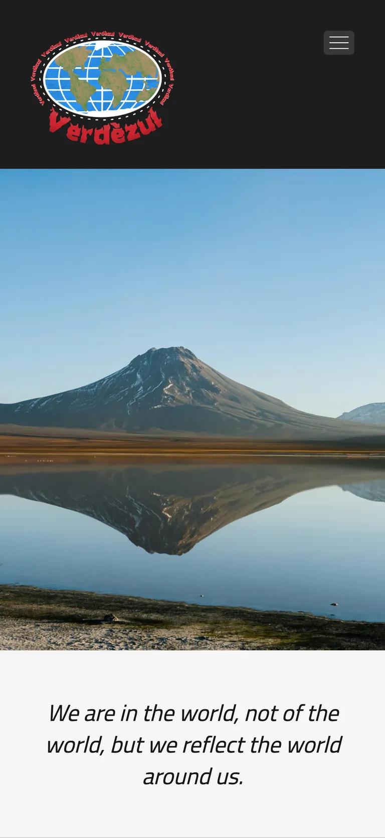 Verdèzul's About page: the band's guiding line set over a photograph of a mountain reflected in still water