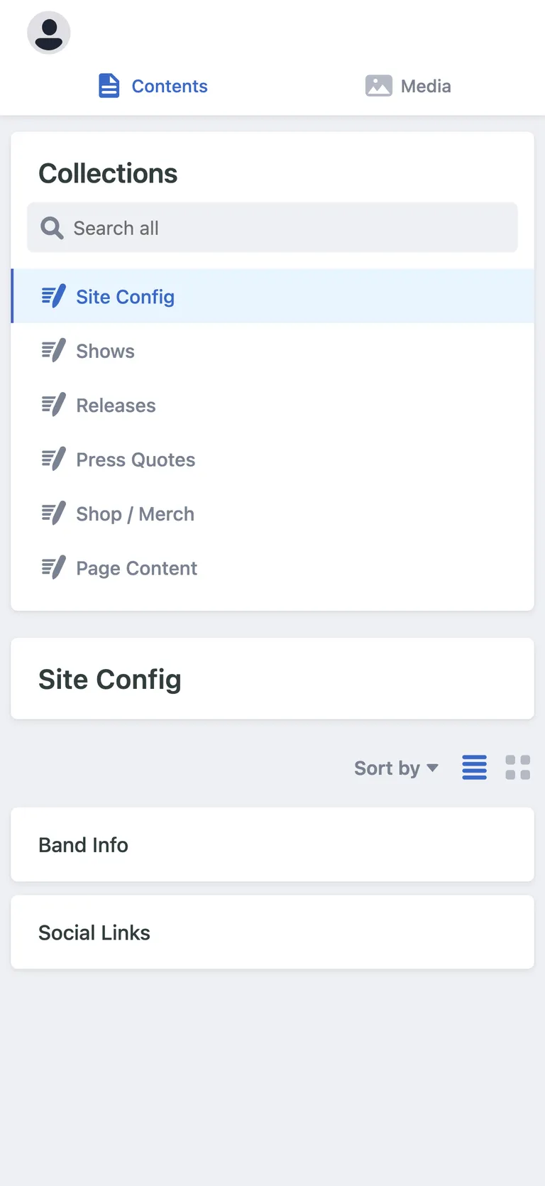The site's private CMS showing collections for Site Config, Shows, Releases, Press Quotes, Shop / Merch, and Page Content