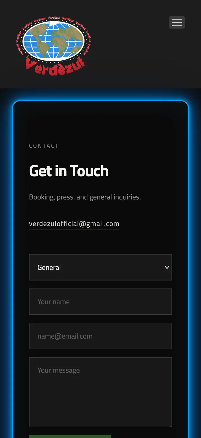 Verdèzul's contact page: a simple three-field form inside a glowing blue border