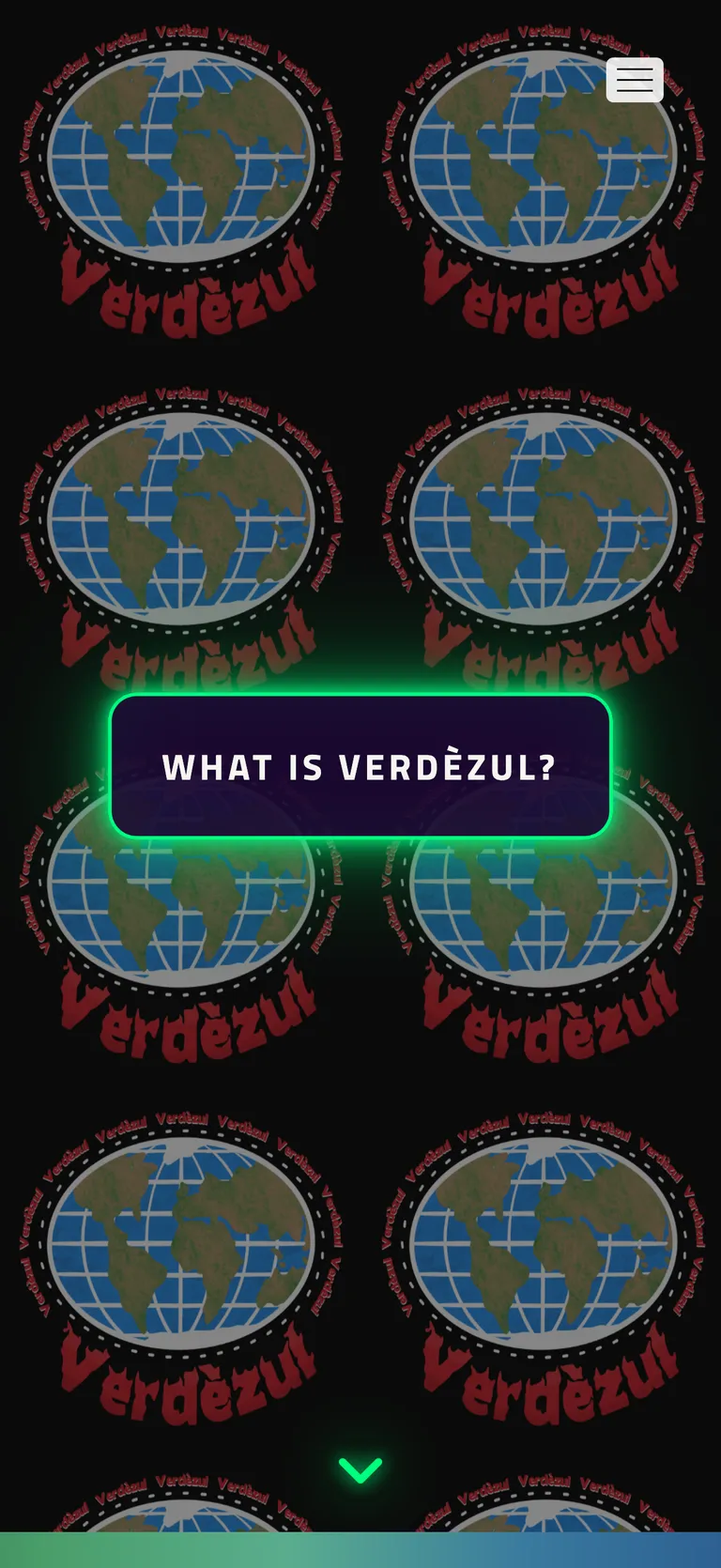 Verdèzul homepage: a tiled wall of the band's globe logo behind a glowing neon-green box that asks 'What is Verdèzul?'