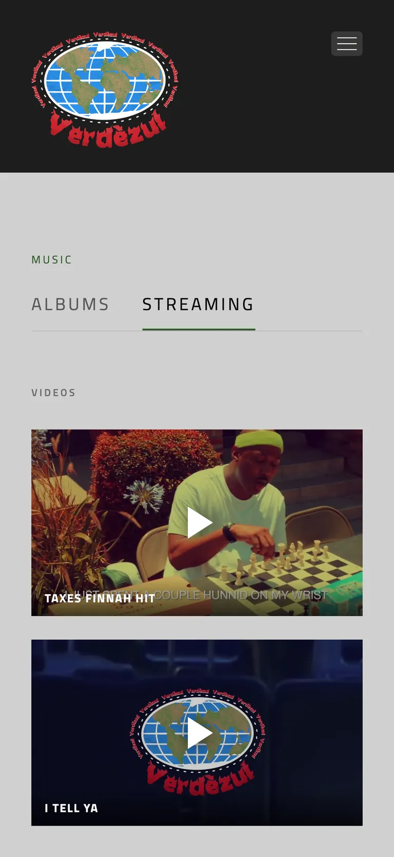 Verdèzul's Music page with Albums and Streaming tabs and the cover of the EP Earthtones & Shades of Blue and Green