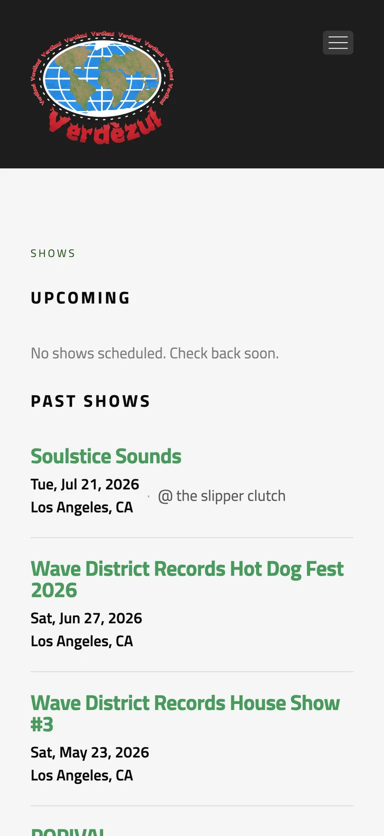 Verdèzul's Shows page: 'No shows scheduled. Check back soon.' above the full list of past shows